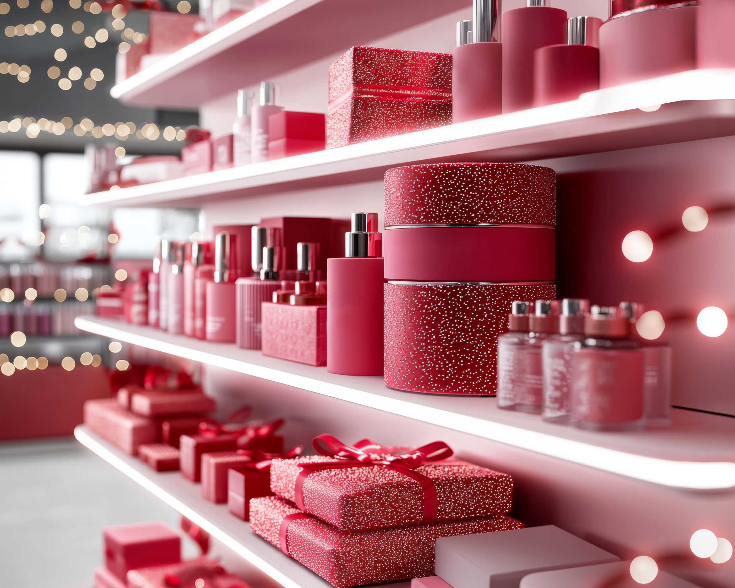 Une présentation éclatante de produits de beauté roses et de coffrets cadeaux sur les étagères, créant une atmosphère festive et luxueuse.