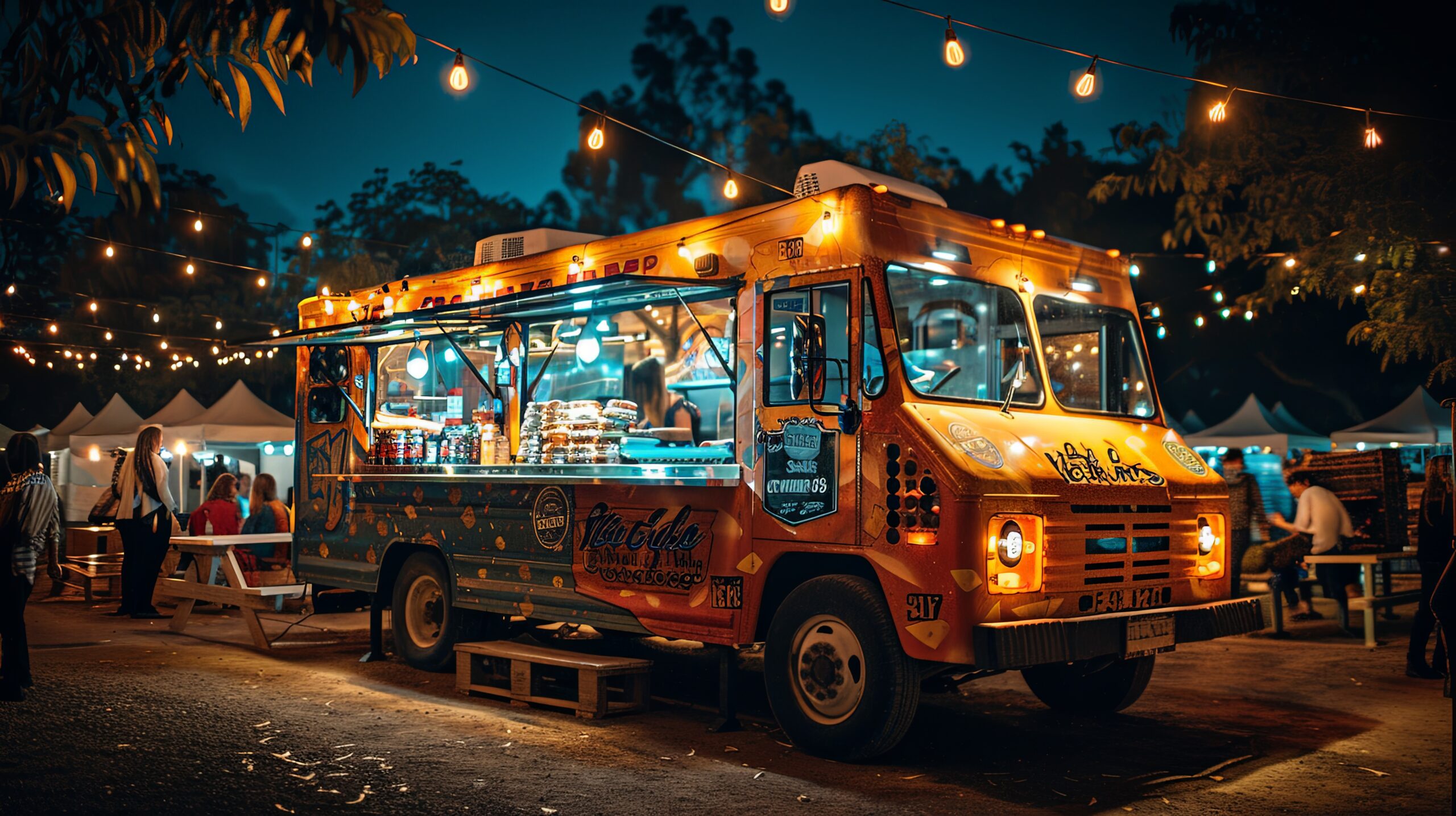 camion-restaurant orange, orné de lumières décoratives et de motifs vibrants, sert des produits alimentaires aux clients dans le cadre d'une foire nocturne énergique dotée de guirlandes lumineuses.